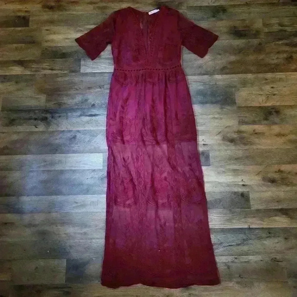 Burgundy Lace Low Cut Maxi Romper Dress Size Small - Picture 2 of 10